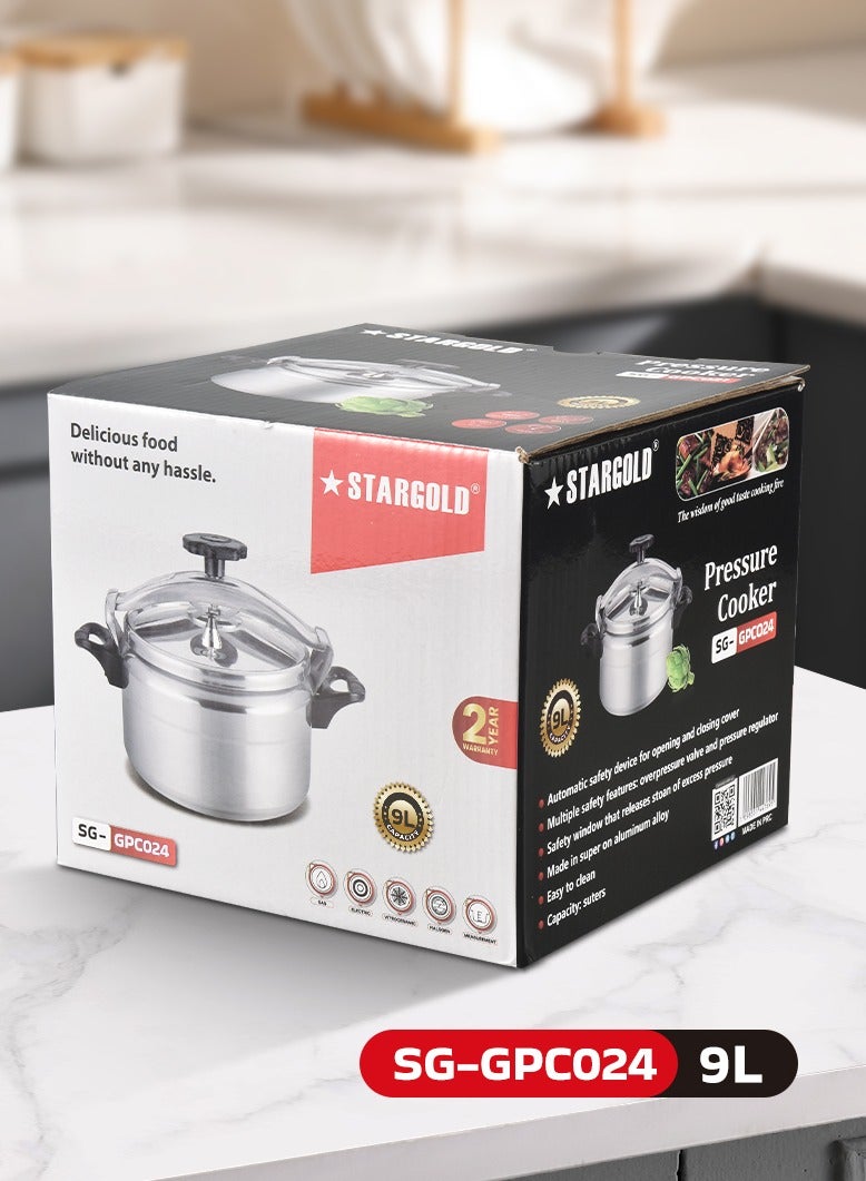 Stargold Aluminum Pressure Cooker Unique Pressure Indicator Durable Aluminum Alloy Fast And Energy Efficient Pressure Cooker With Firm Handles 9Liters Silver - Image 2