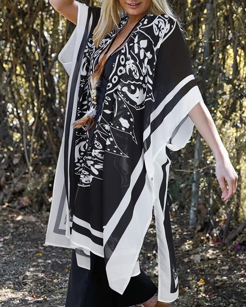 CHICGAL Swim Cover Up for Women Kimono Cardigans Plus Size Boho Bathing Suit Coverups(01-Black Boho,3XL) - Image 4