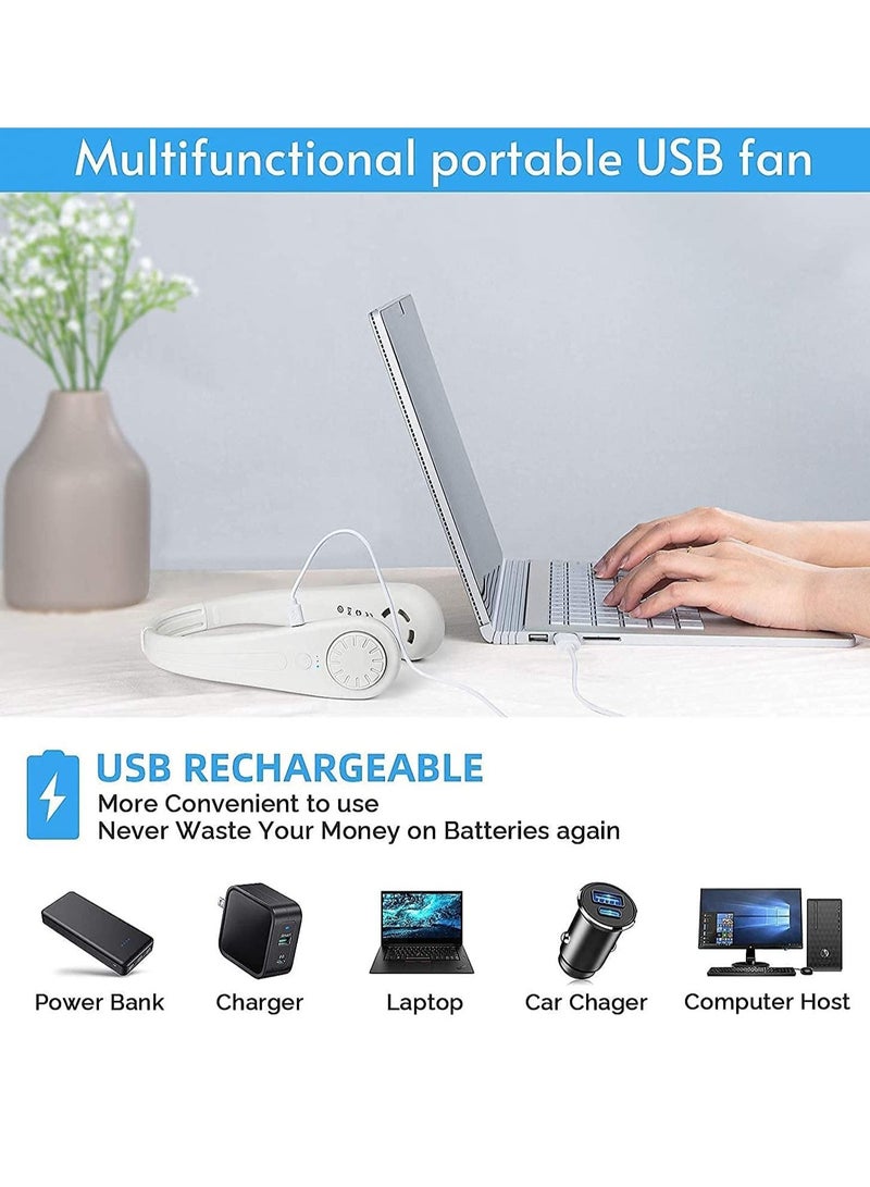Neck Fan, 1800 mAh Portable Fan Rechargeable Personal Fan, 360° Adjustable Ultra-quiet Neck Cooler, 3 Speeds Change Wearable USB Hanging Bladeless Neck Fan for Office, Travel, Outdoor (White)  - Image 3