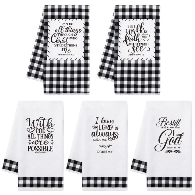 5PCS RELIGIOUS CHRISTIAN KITCHEN DISH TOWEL BLACK AND WHITE CHECK CLEANING DISHCLOTH BIBLE VERSE SCRIPTURE ABSORBENT BAR HAND TOWEL EASTER GIFT FOR WOMEN MEN HOUSEWARMING DECOR