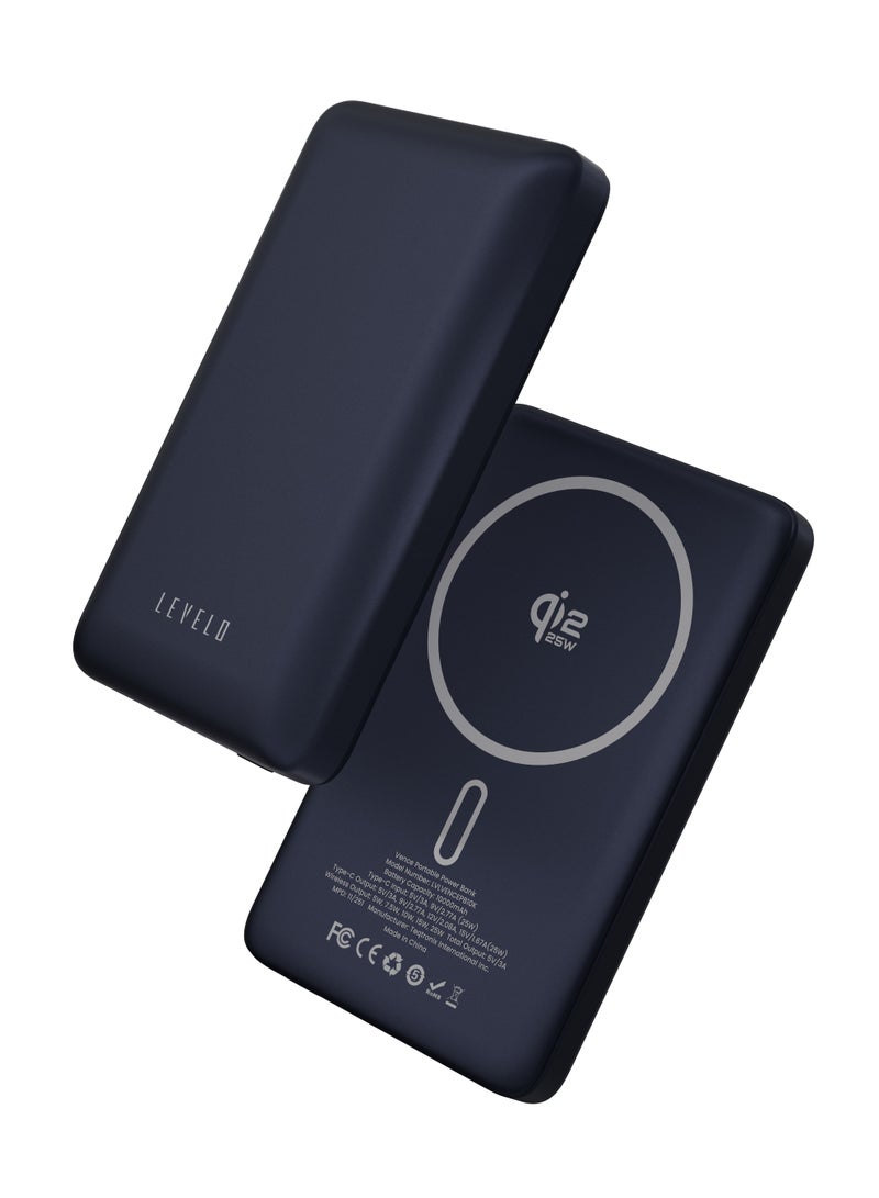 شاحن متنقل بسعة 10000 مللي أمبير بتقنية Qi2، مزود بمغناطيس فائق القوة، شحن سريع، مدخل/مخرج من النوع C، شحن لاسلكي (5-25 واط)، كابل من النوع C إلى النوع C مرفق، تصميم صغير الحجم وسهل الحمل - أزرق