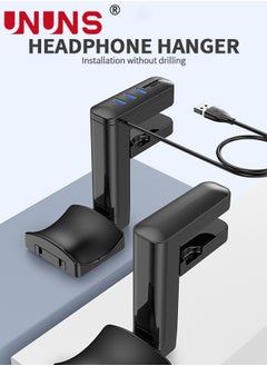 UNUNS حامل سماعة رأس 2 في 1 مع محور USB، حامل سماعة ألعاب الكمبيوتر الشخصي - مشبك ذراع قابل للتعديل يدور 360 درجة لأجهزة التحكم وسماعات الرأس، منظم مكتب 3 منافذ USB، ملحقات ألعاب الكمبيوتر، أسود  - Image 2