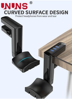 UNUNS حامل سماعة رأس 2 في 1 مع محور USB، حامل سماعة ألعاب الكمبيوتر الشخصي - مشبك ذراع قابل للتعديل يدور 360 درجة لأجهزة التحكم وسماعات الرأس، منظم مكتب 3 منافذ USB، ملحقات ألعاب الكمبيوتر، أسود  - Image 3