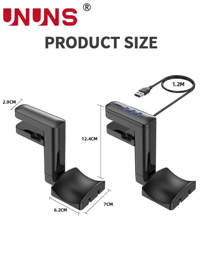 حامل سماعة رأس 2 في 1 مع محور USB، حامل سماعة ألعاب الكمبيوتر الشخصي - مشبك ذراع قابل للتعديل يدور 360 درجة لأجهزة التحكم وسماعات الرأس، منظم مكتب 3 منافذ USB، ملحقات ألعاب الكمبيوتر، أسود