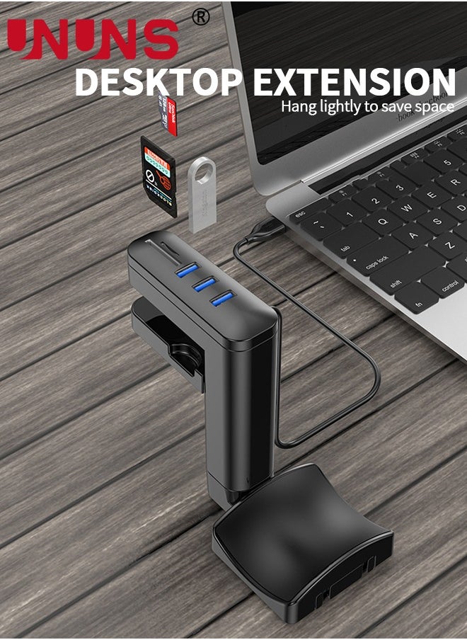 حامل سماعة رأس 2 في 1 مع محور USB، حامل سماعة ألعاب الكمبيوتر الشخصي - مشبك ذراع قابل للتعديل يدور 360 درجة لأجهزة التحكم وسماعات الرأس، منظم مكتب 3 منافذ USB، ملحقات ألعاب الكمبيوتر، أسود
