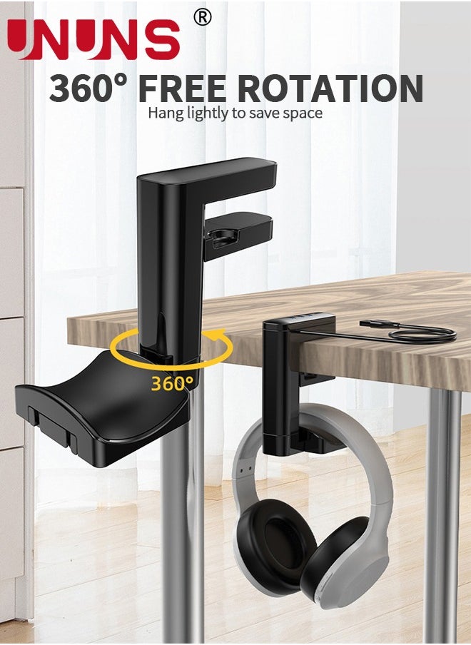 UNUNS 2-in-1 Headphone Stand with USB Hub,PC Gaming Headset Holder-360° Rotation Adjustable Arm Clamp For Controllers And Headphones,3 USB Ports Desk Organizer,PC Gaming Accessories,Black  - Image 5