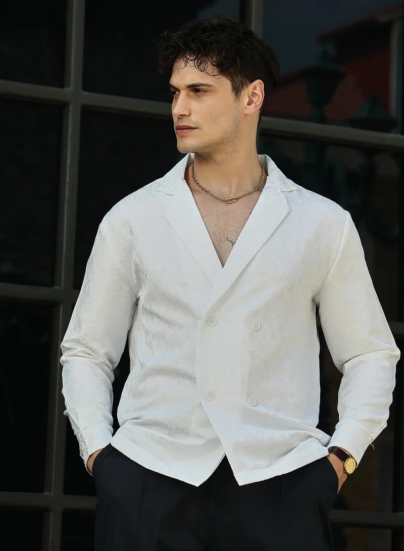 Campus Sutra Men's Daisy White Double-Breasted Moziac Shirt For Casual Wear | Lapel Collar | Long Cuffed Sleeves | Button Closure | Shirt Crafted With Comfort Fit For Everyday Wear