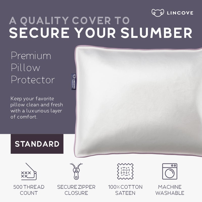 Lincove Lincove 100% Cotton Sateen Pillow Protector Cover - Zipper Pillow Cover - 500 Thread Count Luxury Cotton - Zippered Dust Pillow Protector Bed Pillow Case  Standard  20 x26  - 2 Pack  - Image 2