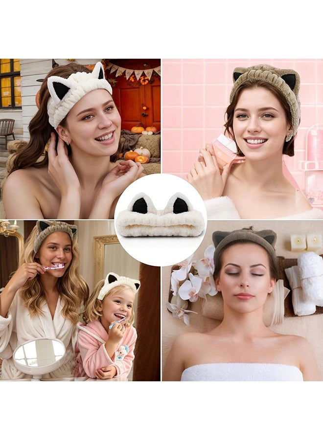 قطعتان من عصابة رأس على شكل آذان قطة، عصابة رأس سبا لطيفة لغسل الوجه والعناية بالبشرة، عصابات رأس ناعمة من الصوف المرجاني للنساء والفتيات (بيج كاكي) - Image 5