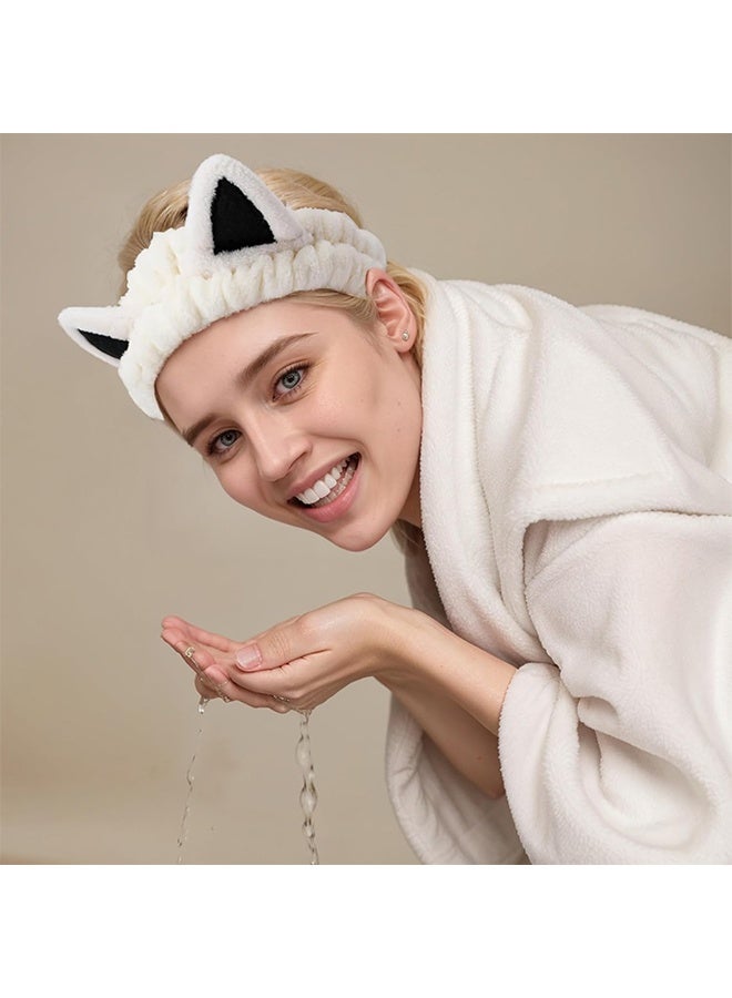 قطعتان من عصابة رأس على شكل آذان قطة، عصابة رأس سبا لطيفة لغسل الوجه والعناية بالبشرة، عصابات رأس ناعمة من الصوف المرجاني للنساء والفتيات (بيج كاكي) - Image 4