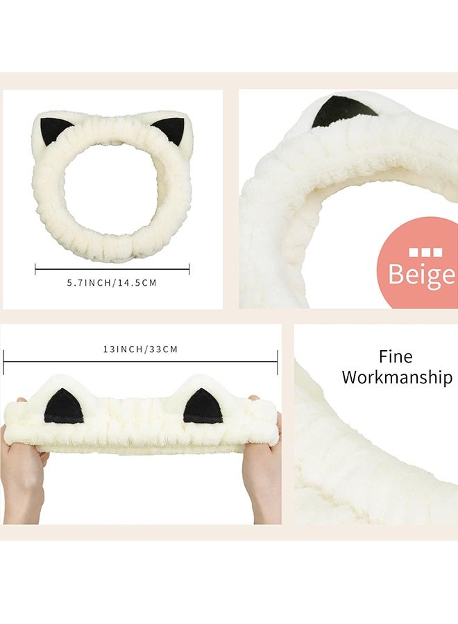 قطعتان من عصابة رأس على شكل آذان قطة، عصابة رأس سبا لطيفة لغسل الوجه والعناية بالبشرة، عصابات رأس ناعمة من الصوف المرجاني للنساء والفتيات (بيج كاكي) - Image 2