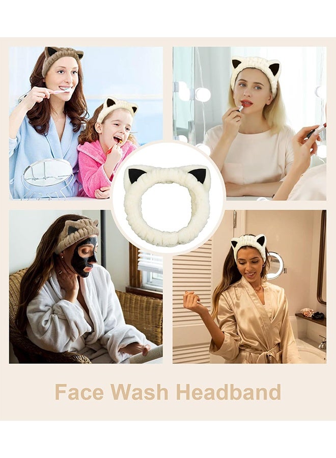 قطعتان من عصابة رأس على شكل آذان قطة، عصابة رأس سبا لطيفة لغسل الوجه والعناية بالبشرة، عصابات رأس ناعمة من الصوف المرجاني للنساء والفتيات (بيج كاكي) - Image 3