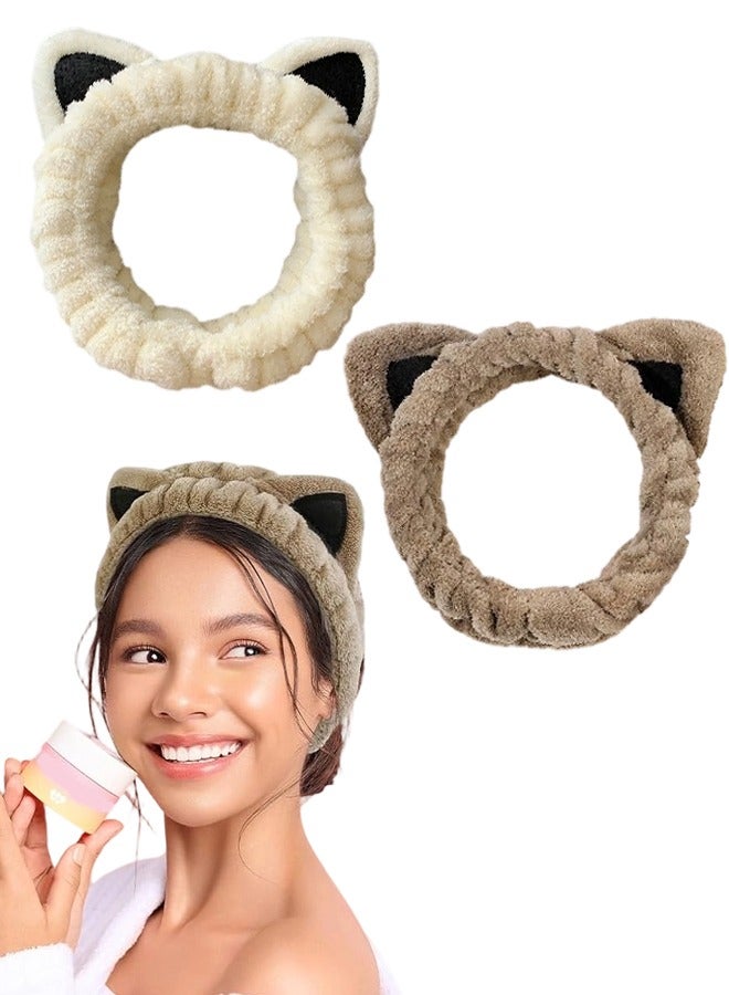 قطعتان من عصابة رأس على شكل آذان قطة، عصابة رأس سبا لطيفة لغسل الوجه والعناية بالبشرة، عصابات رأس ناعمة من الصوف المرجاني للنساء والفتيات (بيج كاكي) - Image 1