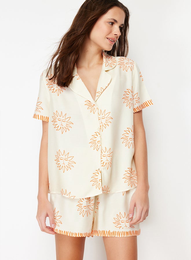 trendyol Ecru-Orange Galaxy Patterned Viscose Woven Pajamas Set THMSS24PT00009 - Image 3