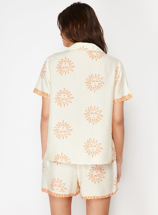 trendyol Ecru-Orange Galaxy Patterned Viscose Woven Pajamas Set THMSS24PT00009 - Image 5