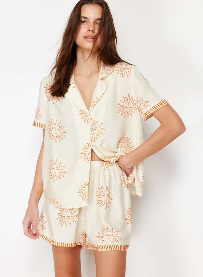 trendyol Ecru-Orange Galaxy Patterned Viscose Woven Pajamas Set THMSS24PT00009 - Image 1
