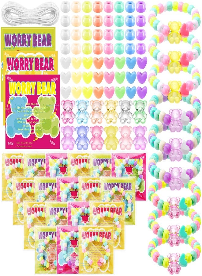 Vicenpal 20 Set Worry Bear Gift Kit Anxiety Relief Bracelet Acrylic Pocket Bear Hug DIY Beaded Craft Relieve Anxiety Gift with Cute Card DIY Pretend Jewelry for Adult Women Men Favor - Image 1
