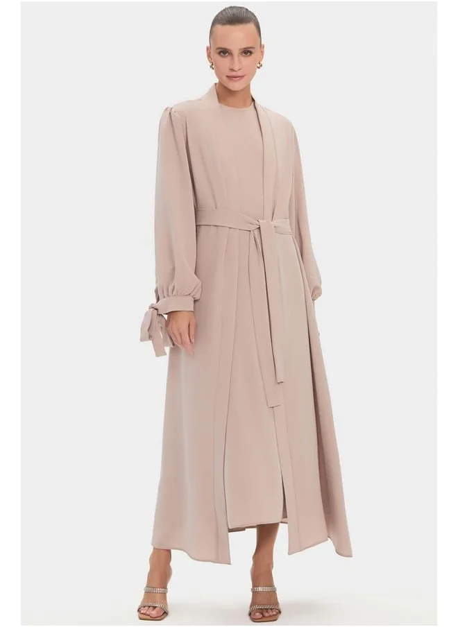 جون June Women Waist-Tied Sleeves and Tie Detailed Abaya Beige