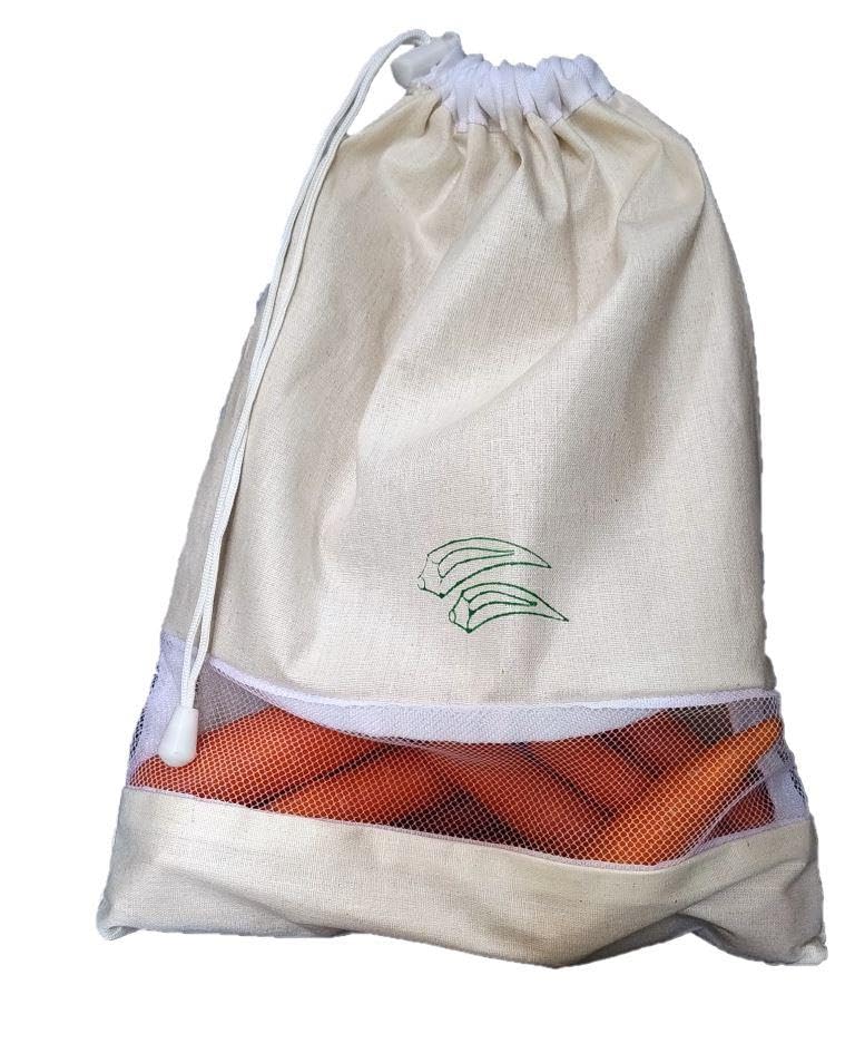 KITSEN Cotton Fridge Bags, Set of 6 Premium Storage Bags for Vegetables and Fruits, Eco Friendly, Washable, Drawstring Design with See-Through Mesh Window (Color - Natural Cotton). - Image 2
