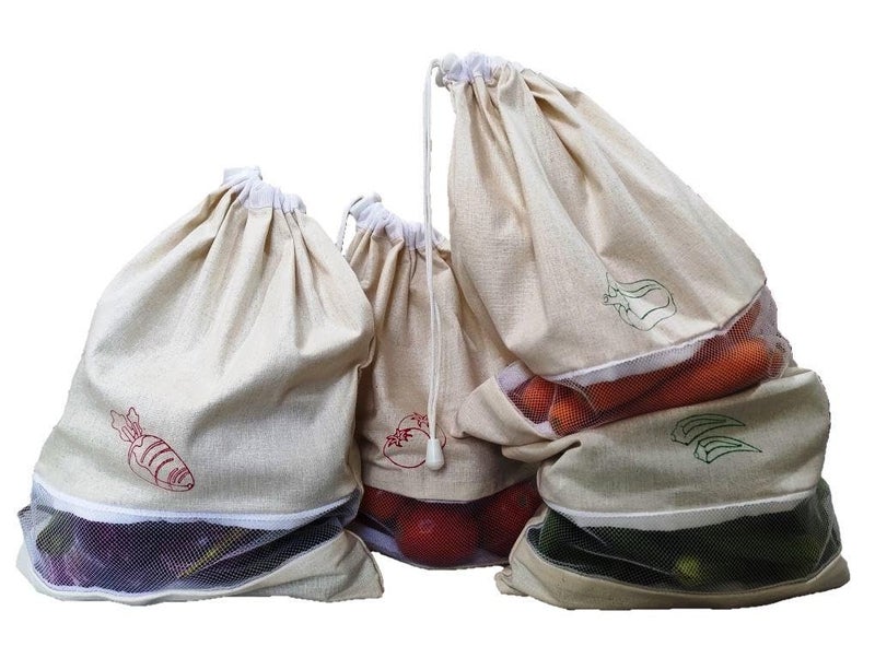 KITSEN Cotton Fridge Bags, Set of 6 Premium Storage Bags for Vegetables and Fruits, Eco Friendly, Washable, Drawstring Design with See-Through Mesh Window (Color - Natural Cotton). - Image 3