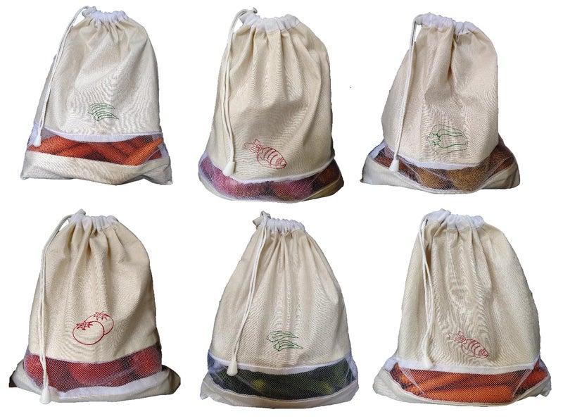 KITSEN Cotton Fridge Bags, Set of 6 Premium Storage Bags for Vegetables and Fruits, Eco Friendly, Washable, Drawstring Design with See-Through Mesh Window (Color - Natural Cotton). - Image 5
