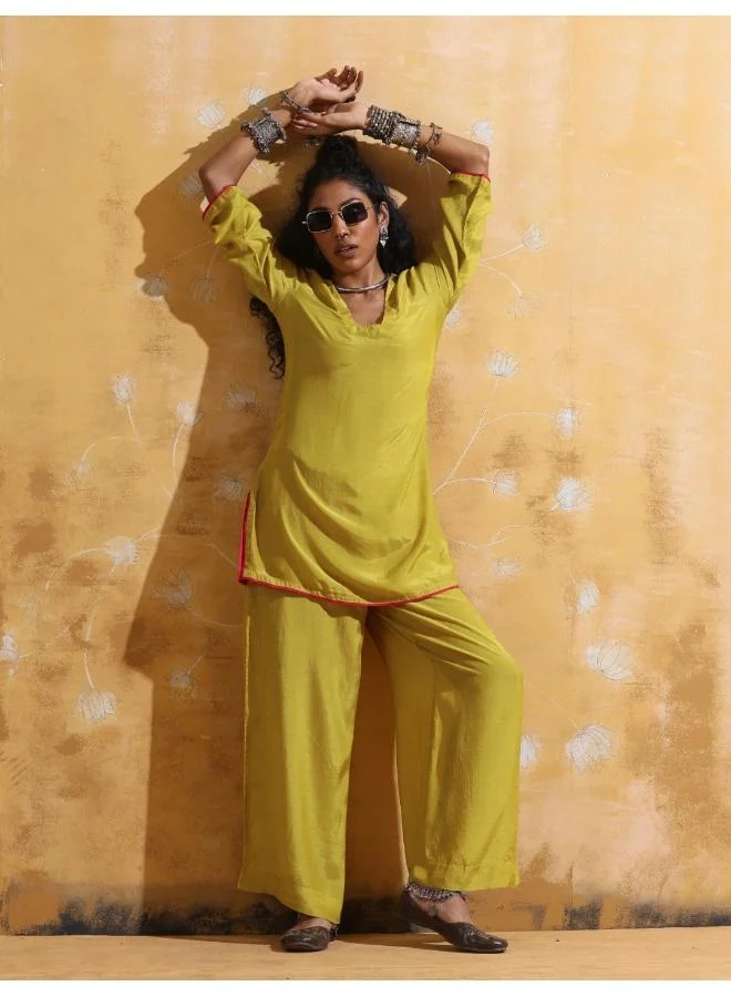 ترو برونز trueBrowns Lime Muslin Silk Co-ord Set with Flared Pants