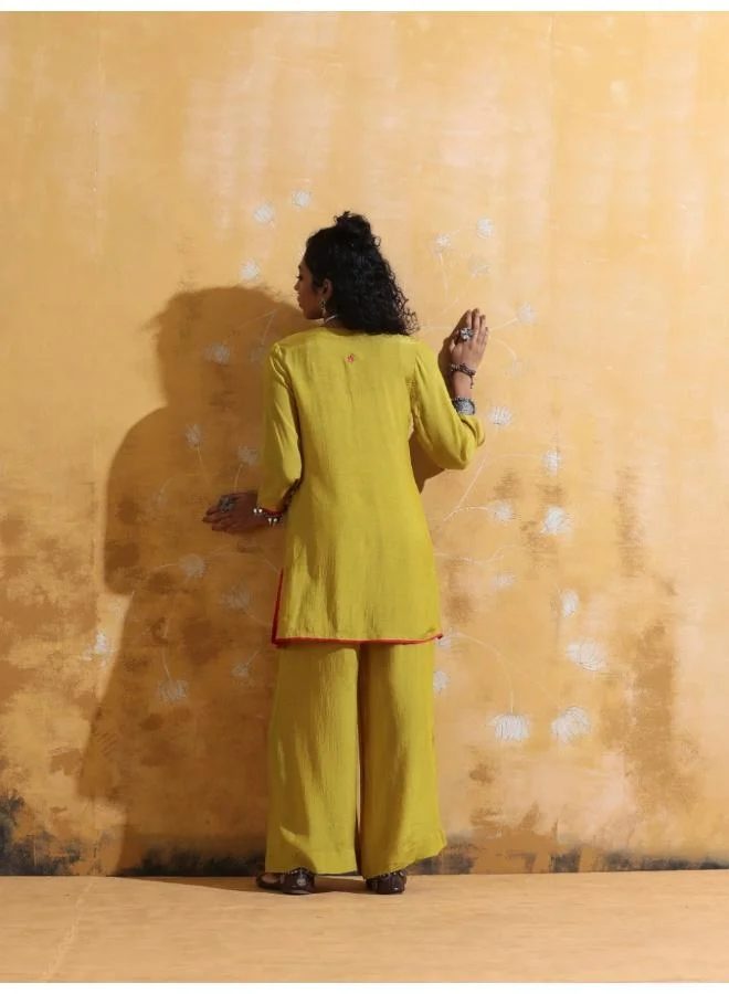ترو برونز trueBrowns Lime Muslin Silk Co-ord Set with Flared Pants
