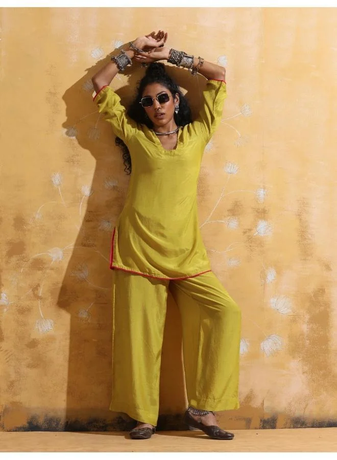 trueBrowns trueBrowns Lime Muslin Silk Co-ord Set with Flared Pants