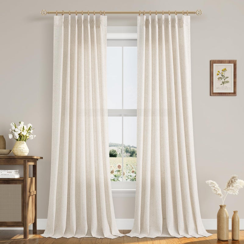 Aersas Pinch Pleated 90 Inch Curtains 2 Panels for Living Room Cream Beige Linen Curtains 90 Inches Long Pinch Pleat Drapes for Track System Light Filtering Semi Sheer Curtain for Dining Bedroom Office - Image 1
