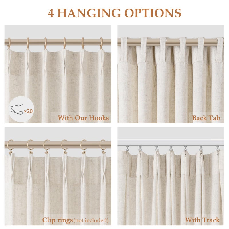 Aersas Pinch Pleated 90 Inch Curtains 2 Panels for Living Room Cream Beige Linen Curtains 90 Inches Long Pinch Pleat Drapes for Track System Light Filtering Semi Sheer Curtain for Dining Bedroom Office - Image 2