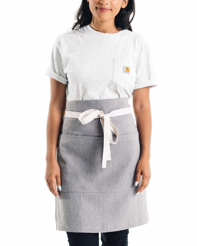 Caldo Linen Bistro Cafe Apron  Professional Grade with Pockets Half Kitchen Apron Mid Length 23 x 23 40 Inch Waist Ties  Durable Unisex Uniform Server or Chef Grey