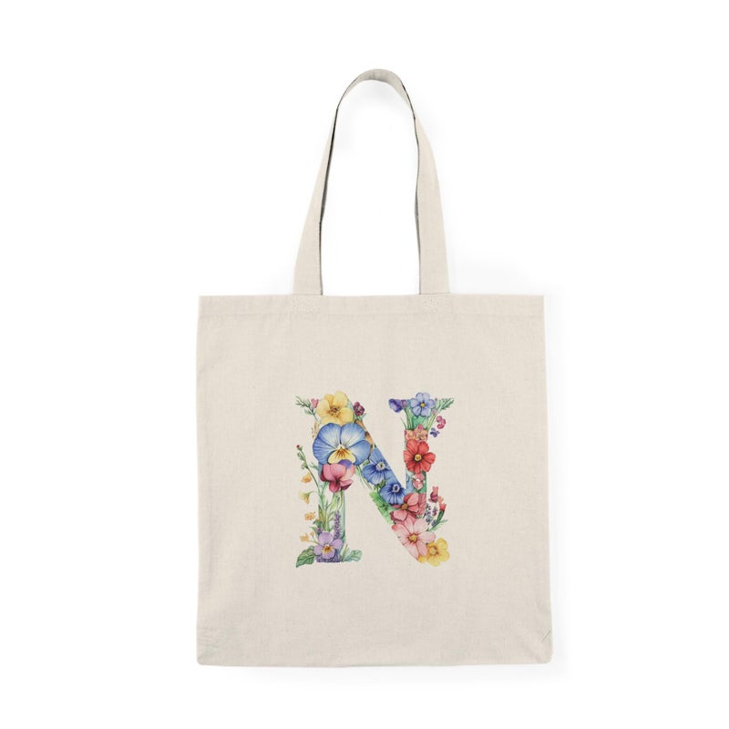 Tote Bag - Canvas Zipper Bag - Floral N Letter Design - Printed Shopping Bag - Light and Durable Eco Friendly for College Gift