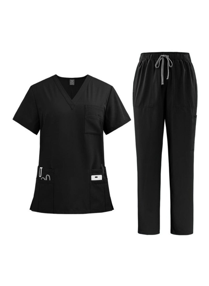 Nجهود مميزة مجموعة ملابس طبية نسائية ورجالية، مجموعة قميص وسروال طبي، مجموعة ملابس طبية، ملابس تنحيف (سوداء)، مناسبة للمستشفيات والعيادات وغيرها. - Image 1