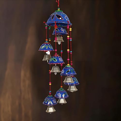 Kuber Industries Rajasthani Design Handcrafted Hanging Windchimes|Latkan with 8 Bells for Home Decor & Positive Energy,Pack of 2 (Blue), Plastic - Image 2