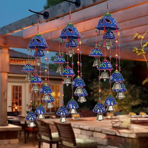 Kuber Industries Rajasthani Design Handcrafted Hanging Windchimes|Latkan with 8 Bells for Home Decor & Positive Energy,Pack of 2 (Blue), Plastic - Image 4