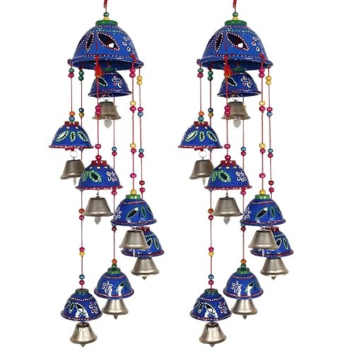 Kuber Industries Rajasthani Design Handcrafted Hanging Windchimes|Latkan with 8 Bells for Home Decor & Positive Energy,Pack of 2 (Blue), Plastic - Image 1