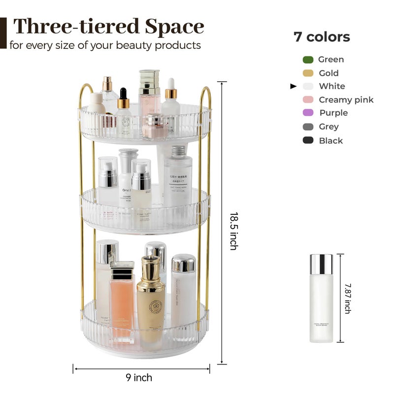 Aveniee 3-Tier Rotating Makeup Organizer â€“ Clear Spinning Perfume & Skincare Cosmetic Storage for Vanity, Bathroom Countertop, or Dresser, White - Image 2