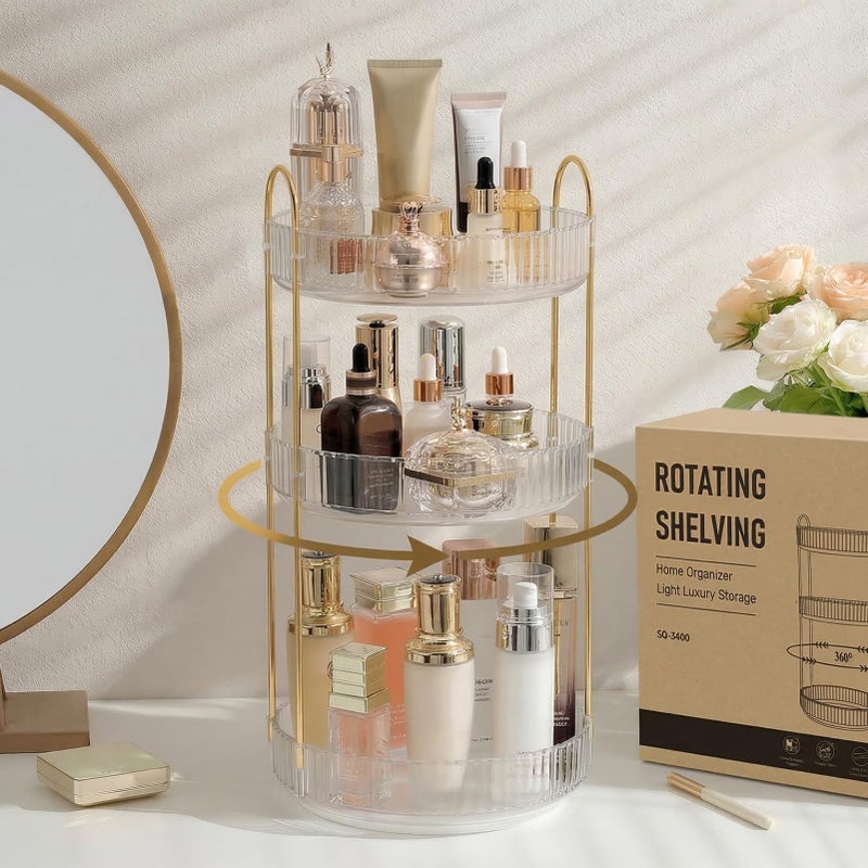 Aveniee 3-Tier Rotating Makeup Organizer â€“ Clear Spinning Perfume & Skincare Cosmetic Storage for Vanity, Bathroom Countertop, or Dresser, White - Image 1