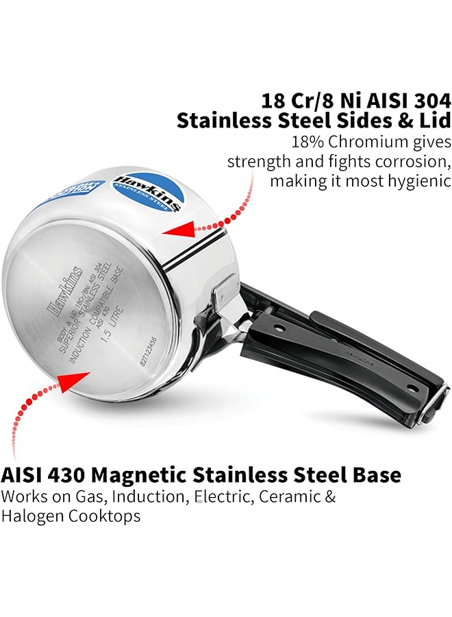 Hawkins Stainless Steel Pressure Cooker, 1.5 Liter, Silver - Image 3