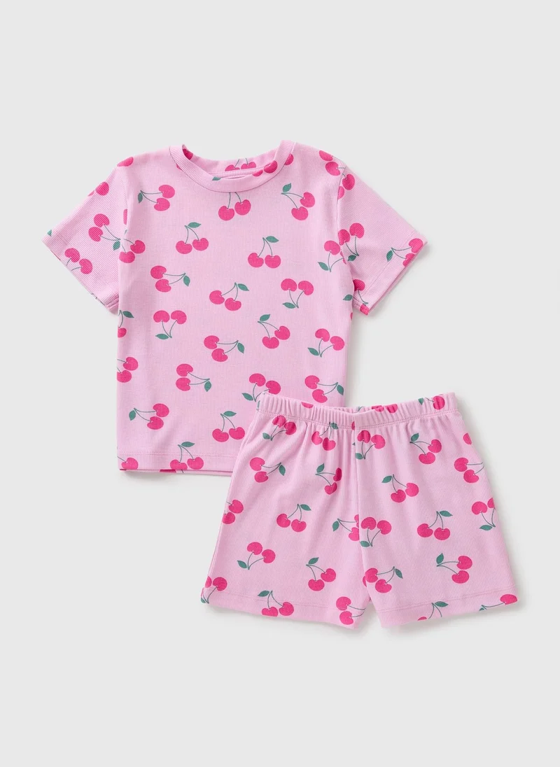 Matalan Girls Pink Cherry Ribbed Short Pyjama Set