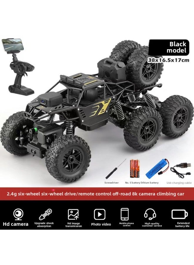 Alloy Remote Control Car High-speed Four-wheel Drive Racing Car Drift Climbing Big Foot Off-road Vehicle Boy Electric Children's Toy Car-Color:Alloy Black Eight-wheel Six-wheel Drive 8k High-definition Camera/dual Control/5g-Scale:Three Batteries With 135 Minutes + Remote Control Battery + Charging Cable