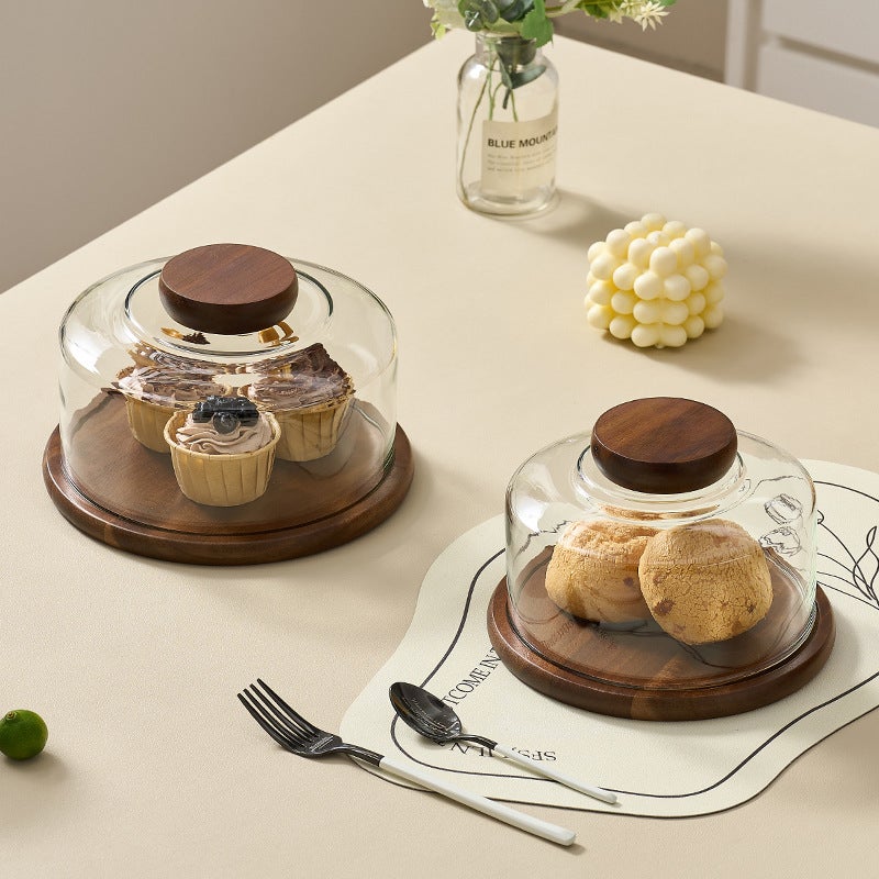 Cake Tray Wooden Dim Sum Tray With Glass Cover Dessert Glass Cover Cut Cake Cover Bread Dessert - Image 2