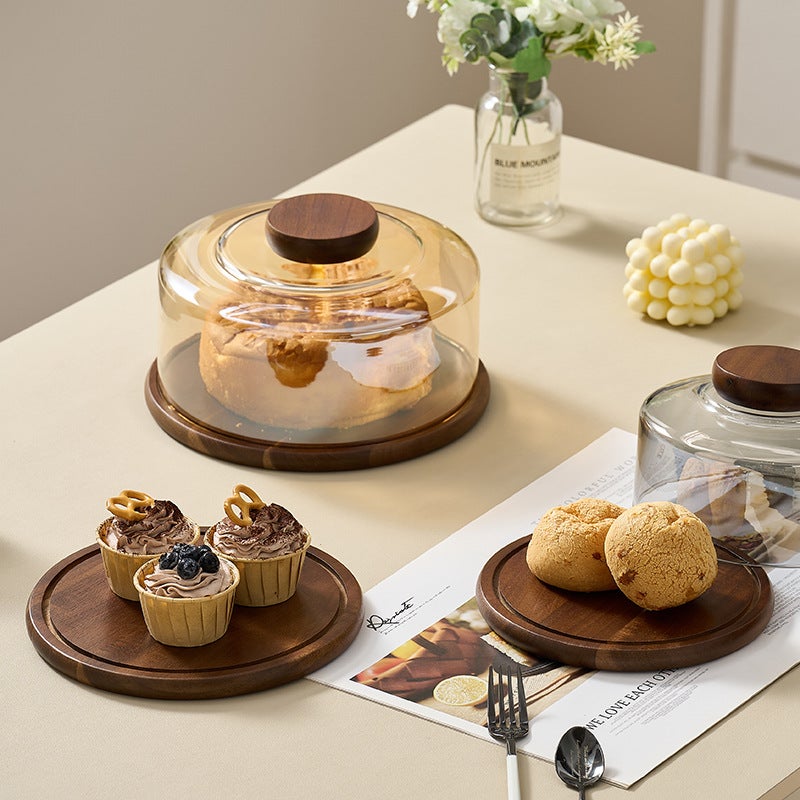 Cake Tray Wooden Dim Sum Tray With Glass Cover Dessert Glass Cover Cut Cake Cover Bread Dessert - Image 5