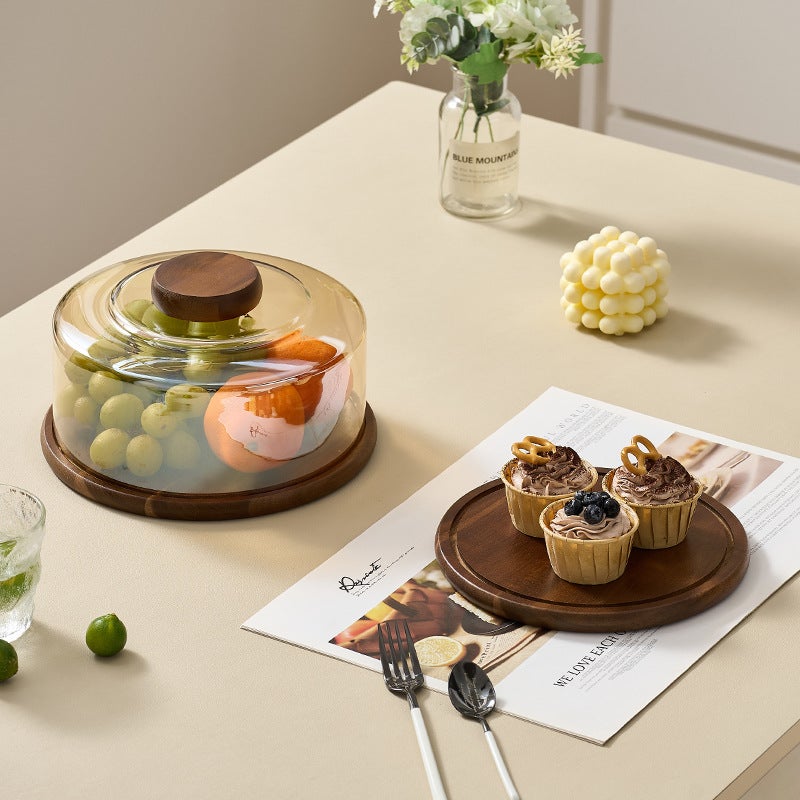 Cake Tray Wooden Dim Sum Tray With Glass Cover Dessert Glass Cover Cut Cake Cover Bread Dessert - Image 3