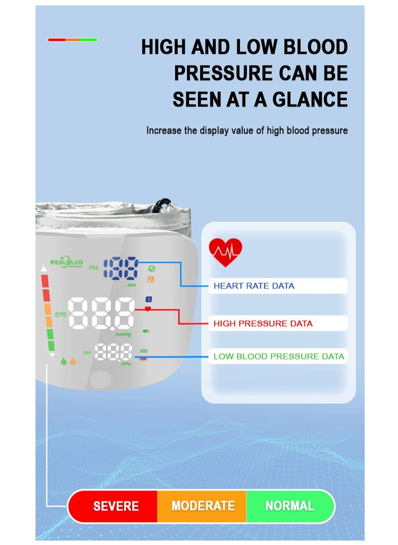REALBLAD - Blood Pressure Monitor with Arabic Voice Broadcast, Rechargeable 2x99 Readings Memory Wrist BP Monitor, with LED Large Display (SILVER) - Image 1