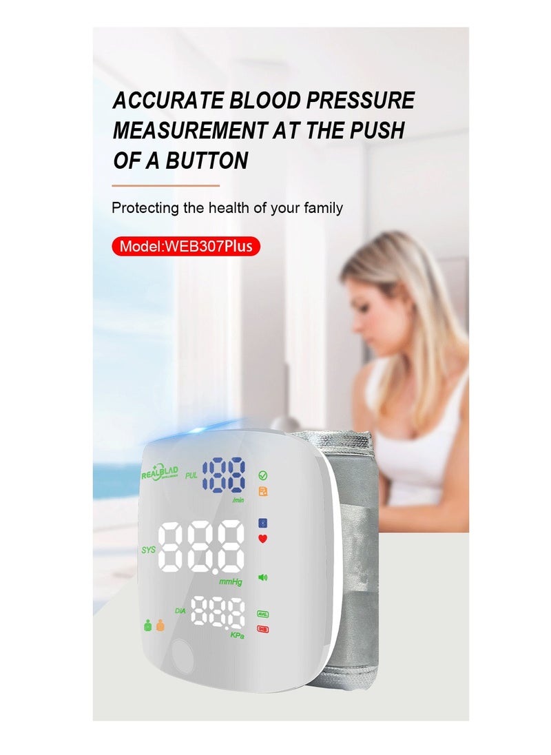 REALBLAD - Blood Pressure Monitor with Arabic Voice Broadcast, Rechargeable 2x99 Readings Memory Wrist BP Monitor, with LED Large Display (SILVER) - Image 1