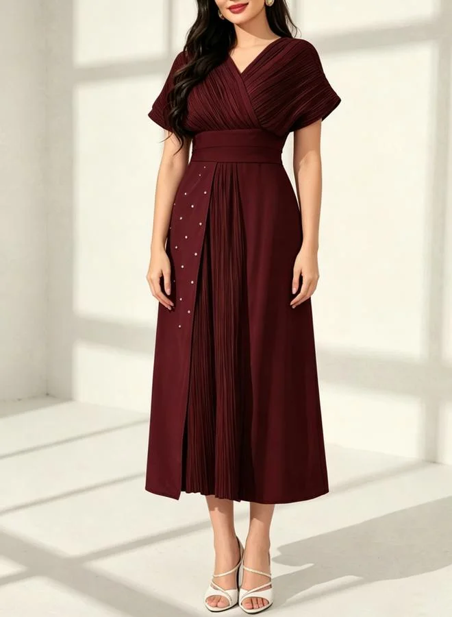 Take Two Burgundy A-Line Midi Dress With Pleated Detail