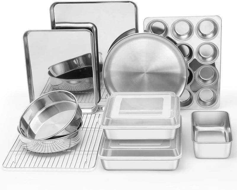 E-far 12-Piece Bakeware Sets, Stainless Steel Baking Pan Set Includes Cookie Sheet, Round Square Rectangle Cake Pans with Lids, Multi-Functional for Loaf Muffin Pizza, Non-toxic & Dishwasher Safe - Image 1