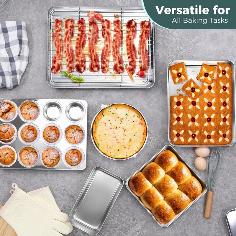 E-far 12-Piece Bakeware Sets, Stainless Steel Baking Pan Set Includes Cookie Sheet, Round Square Rectangle Cake Pans with Lids, Multi-Functional for Loaf Muffin Pizza, Non-toxic & Dishwasher Safe - Image 4