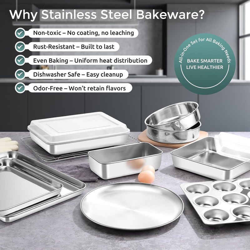 E-far 12-Piece Bakeware Sets, Stainless Steel Baking Pan Set Includes Cookie Sheet, Round Square Rectangle Cake Pans with Lids, Multi-Functional for Loaf Muffin Pizza, Non-toxic & Dishwasher Safe - Image 5